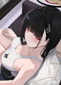 1boy 1girl bare_shoulders black_hair black_shorts blue_archive blush breasts bright_pupils cleavage closed_mouth collared_shirt couch from_above hair_ornament hairclip halo highres large_breasts long_hair looking_at_another red_eyes rio_(blue_archive) shirt shorts solo_focus white_pupils white_shirt yamikyon