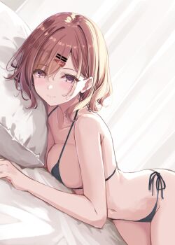 bed_sheet bikini black_bikini breasts commentary_request hatsu_(first_snow) highres higuchi_madoka idolmaster idolmaster_shiny_colors large_breasts light_smile looking_at_viewer lying on_bed on_side pillow side-tie_bikini_bottom swimsuit