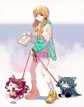 Rule 34 | 3girls, animal ears, bag, biting own lip, blonde hair, blue eyes, braid, chibi, closed mouth, dog ears, dog girl, dog tail, dripping eye, frown, fujita kotone, gakuen idolmaster, green eyes, green hair, hanami saki, highres, holding, holding bag, holding leash, idolmaster, jacket, kemonomimi mode, leash, long hair, long sleeves, miniskirt, motion lines, multiple girls, open clothes, open jacket, open mouth, pleated skirt, pyopyo, red hair, running, shirt, shoes, shopping bag, sitting, skirt, smile, sneakers, socks, speed lines, standing, tail, trembling, tsukimura temari, twin braids, yellow eyes, yellow shirt, yellow shoes