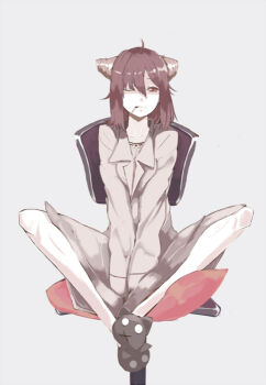 Rule 34 | 1girl, bad id, bad pixiv id, black hair, chair, cigarette, female focus, horns, on chair, one eye closed, pixiv fantasia, pixiv fantasia 1, red eyes, shiromiso, slippers, slit pupils, solo, wink