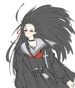 .osari 1girl artist_name black_choker black_hair black_jacket black_serafuku black_shirt black_skirt chisa_(wuthering_waves) choker closed_mouth cowboy_shot floating_hair hair_ribbon hair_spread_out highres jacket long_hair looking_to_the_side mole mole_under_eye neckerchief red_eyes red_neckerchief red_ribbon ribbon sailor_collar school_uniform serafuku shirt simple_background skirt solo white_background white_sailor_collar wind wuthering_waves