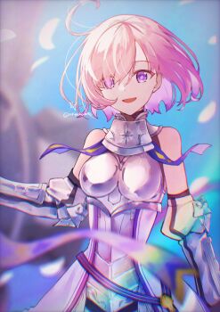 1girl :d absurdres aoi_hane armor armored_leotard bare_shoulders black_leotard boobplate bracer breastplate breasts colored_inner_hair commentary fate/grand_order fate_(series) faulds gauntlets gorget hair_over_one_eye heattech_leotard highres holding holding_shield leotard lord_camelot_(fate) mash_kyrielight mash_kyrielight_(paladin) medium_breasts multicolored_hair one_eye_covered open_mouth petals pink_hair purple_eyes purple_hair shield short_hair smile solo turtleneck twitter_username two-tone_hair waist_cape white_armor
