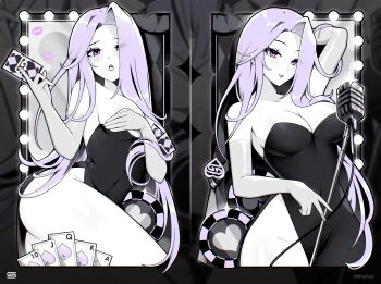 Rule 34 | 1girl, absurdres, ace (playing card), ace of spades, ai candii, arm behind head, breasts, card, cleavage, dress, gamer supps, highres, holding, holding card, jack (playing card), jack of spades, king (playing card), king of spades, large breasts, leotard, lipstick mark, logo, long hair, microphone, microphone stand, mole, mole under eye, partially colored, playing card, poker chip, purple eyes, purple hair, queen (playing card), queen of spades (playing card), spade (shape), ten of spades, twitter username, vchiban, virtual youtuber, whatjuz