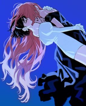 Rule 34 | 2girls, alien stage, black dress, black hair, blue background, closed eyes, dress, earrings, elbow gloves, gloves, hairband, highres, jewelry, juliet sleeves, long dress, long hair, long sleeves, mizi (alien stage), multiple girls, off-shoulder dress, off shoulder, pearl earrings, pencil dress, pink hair, puffy sleeves, sea foam, short hair, simple background, sphere earrings, sua (alien stage), very long hair, white dress, white gloves, white hairband