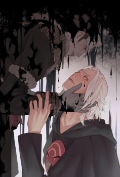 2boys absurdres black_capelet black_coat brown_hair capelet coat collarbone dirty dirty_clothes dirty_face dripping dual_persona emet-selch epaulettes eye_contact final_fantasy final_fantasy_xiv fixmeplz from_side fur-trimmed_coat fur_trim furrowed_brow garlean gloves glowing glowing_eyes grey_gloves hand_on_another's_arm hand_on_another's_face hand_up highres hood hood_down hooded_capelet liquid long_sleeves looking_at_another looking_up male_focus mask mask_around_neck unworn_mask medium_hair multicolored_hair multiple_boys parted_lips short_hair time_paradox two-tone_hair upper_body white_hair yellow_eyes