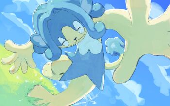 :3 blue_hair blue_sky closed_eyes closed_mouth gen_5_pokemon grass hashtag-only_commentary highres monkey nintendo no_humans outdoors pokemon pokemon_(creature) pokemon_focus sakuraiisui simipour sky standing standing_on_one_leg tail