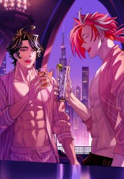 Rule 34 | 2boys, bare pectorals, bevel, black hair, building, closed eyes, collarbone, commentary request, cup, drinking glass, earrings, fate/grand order, fate (series), highres, holding, holding cup, jewelry, male focus, multiple boys, narrowed eyes, open clothes, open mouth, open shirt, pectorals, ponytail, red hair, reflective surface, short hair, skyscraper, takasugi shinsaku (fate), toasting (gesture), toned, toned male, yoshida shouin (fate)