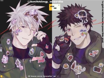 2boys black_gloves black_hair character_name closed_mouth commentary_request english_text fingerless_gloves flak_jacket gloves green_jacket hashtag hatake_kakashi heart heart_sticker jacket konohagakure_shinobi_uniform light_smile male_focus mole mole_under_mouth multiple_boys naruto_(series) naruto_shippuuden one_eye_closed red_eyes scar scar_across_eye scar_on_face short_hair spiked_hair sticker sticker_on_face too_many_stickers twitter_username uchiha_obito upper_body white_hair zhiyanpianyu55126
