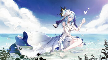 1girl bare_shoulders barefoot black_hair blue_butterfly blue_hair blue_sky breasts bug butterfly butterfly_hair_ornament butterfly_on_hand chinese_commentary cleavage closed_mouth cloud commentary_request day dress flower full_body hair_flower hair_ornament highres insect lake liangji_uu long_hair looking_at_viewer ocean outdoors plant purple_eyes shorekeeper_(wuthering_waves) sitting sky sleeveless sleeveless_dress smile solo veil water white_butterfly white_dress white_flower wuthering_waves