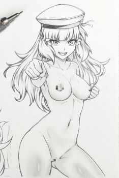 1girl breasts censored character_request collarbone completely_nude copyright_request cowboy_shot graphite_(medium) hat highres linea_alba long_hair looking_at_viewer monochrome mosaic_censoring navel nude open_mouth seishun_dendeke solo traditional_media v-shaped_eyebrows white_background wispy_bangs