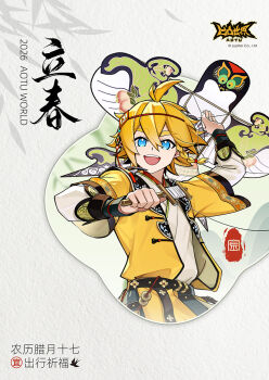 Rule 34 | 1boy, :d, ahoge, alternate costume, aotu world, belt, black belt, blonde hair, blue eyes, braid, calligraphy, chinese clothes, chinese commentary, chinese text, coin, coin (ornament), commentary request, copyright name, dated, hair between eyes, hair ornament, hanfu, headband, highres, holding, holding kite, holed coin, king (aotu world), kite, kite flying, layered sleeves, long sleeves, looking at viewer, male focus, official art, open mouth, pankou, qi chuang she, red headband, seal impression, short hair, short over long sleeves, short sleeves, side braid, single braid, smile, solo, spiked hair, upper body, yellow hanfu
