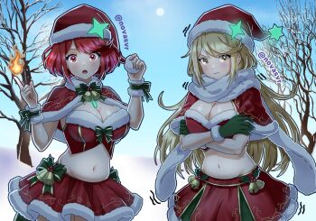 2girls alternate_costume artist_name bare_tree blonde_hair blush bra breasts capelet cleavage cold commentary cowboy_shot crop_top crossed_arms earrings english_commentary fire floating_earrings fur-trimmed_bra fur-trimmed_capelet fur-trimmed_skirt fur_scarf fur_trim gloves green_gloves hat highres jewelry large_breasts long_hair midriff multiple_girls mythra_(xenoblade) navel novasvr pyra_(xenoblade) red_bra red_capelet red_hair red_skirt santa_costume santa_hat short_hair siblings sisters skirt snow swept_bangs tree trembling underwear upper_body v-shaped_eyebrows very_long_hair wavy_mouth white_trim xenoblade_chronicles_(series) xenoblade_chronicles_2 yellow_eyes