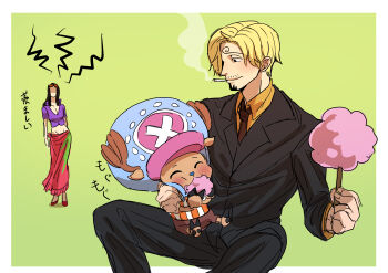 1girl 2022 2boys absurdres antlers black_suit blonde_hair blue_nose brown_necktie cropped_jacket curly_eyebrows food formal_clothes hair_over_one_eye hat highres horns jacket multiple_boys necktie nico_robin nico_robin_(return_to_sabaody) official_alternate_costume one_piece pink_hat pink_sarong reindeer reindeer_antlers reindeer_boy rita_ya sanji_(one_piece) sarong shirt short-sleeved_jacket short_sleeves sitting sitting_on_person suit tony_tony_chopper yellow_shirt