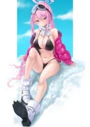 Rule 34 | absurdres, bikini, black bikini, blue archive, blue sky, breasts, cleavage, cloud, coat, eimi (blue archive), eimi (swimsuit) (blue archive), goggles, goggles on head, halo, highres, jacket, large breasts, long hair, mg42cat-k1ng, official alternate costume, open clothes, open jacket, padded jacket, pink eyes, pink hair, pink halo, pink jacket, ponytail, scarf, ski goggles, sky, snow, swimsuit, white footwear, white scarf, winter clothes, winter coat