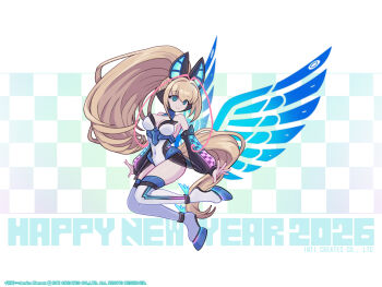 1girl 2026 alternate_costume antenna_hair aqua_eyes azure_striker_gunvolt bare_shoulders blonde_hair boots breasts checkered_background checkered_sleeves chinese_zodiac cleavage covered_navel detached_sleeves energy_wings full_body glowing_lines happy_new_year headphones high_heels high_ponytail highres horse_girl horse_hair_ornament inti_creates large_breasts legs_up leotard long_hair lumen_(gunvolt) mayu_yumemi multicolored_hair multicolored_leotard new_year official_art official_wallpaper pink_hair ponytail smile solo thigh_boots very_long_hair wings year_of_the_horse
