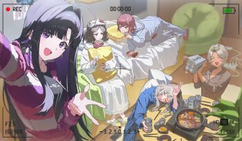 Rule 34 | 5girls, absurdres, ahoge, alcohol, awa subaru, beer, black hair, blonde hair, blue eyes, brown eyes, brown hair, camera, closed eyes, cooking, ebizuka tomo, food, girls band cry, grey hair, hashtag-only commentary, highres, holding, holding camera, ice cream, iseri nina, kawaragi momoka, long hair, long sleeves, low twintails, mansahyeong, multiple girls, nightgown, open mouth, pajamas, purple eyes, recording, rupa (girls band cry), short hair, smile, striped clothes, striped sweater, sweater, twintails, v