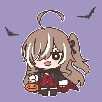 Rule 34 | 1girl, ahoge, bat (animal), bat wings, black cape, bloodymoonia, brown hair, buttons, cape, commentary, english commentary, fang, hair over one eye, halloween, halloween costume, highres, hololive, hololive english, multicolored hair, nanashi mumei, red cape, red vest, shirt, streaked hair, trick or treat, two-sided cape, two-sided fabric, vampire, vampire costume, vest, virtual youtuber, wings