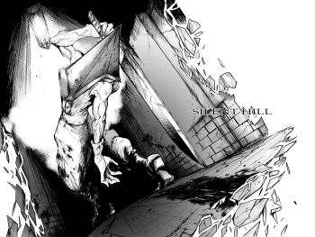 1boy copyright_name gloves great_knife greyscale helmet highres holding holding_weapon male_focus monochrome nomomono_eraser pants pyramid_head shadow silent_hill_(series) silent_hill_2 solo standing toned toned_male weapon