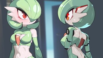 2girls amputee back backless_leotard blurry blurry_background blush bob_cut breasts cleavage cleavage_cutout closed_mouth clothing_cutout colored_skin covered_collarbone crop_top detached_sleeves door drunkoak eye_contact female_focus gardevoir gen_3_pokemon green_hair green_leotard green_shirt green_skin green_sleeves hair_over_one_eye highres humanoid_robot indoors joints leotard long_sleeves looking_at_another mechanization medium_breasts multicolored_skin multiple_girls navel nintendo one_eye_covered pokemon pokemon_(creature) red_eyes robot robot_joints shiny_clothes shiny_skin shirt short_hair single_bare_shoulder single_detached_sleeve single_sleeve stomach strapless strapless_leotard two-tone_skin upper_body white_skin
