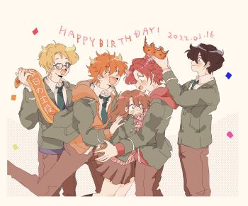 1girl 4boys akehoshi_subaru anzu_(ensemble_stars!) black_hair blazer blonde_hair blue-framed_eyewear blue_necktie brown_hair brown_pants brown_skirt chokki_01 closed_eyes commentary confetti crown dated ensemble_stars! facing_another flower glasses hair_between_eyes happy_birthday hidaka_hokuto highres holding holding_crown hood hood_down hooded_jacket isara_mao jacket long_sleeves looking_at_another multiple_boys necktie open_mouth orange_hair pants pink_flower pushing red_eyes school_uniform short_hair simple_background skirt standing standing_on_one_leg trickstar_(ensemble_stars!) white_background yumenosaki_school_uniform yuuki_makoto_(ensemble_stars!)