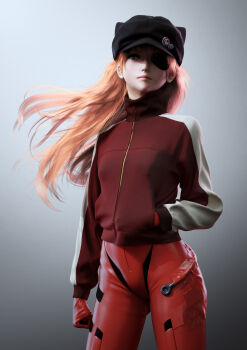 10s 1girl 3d absurdres animal_hat badge blue_eyes button_badge cowboy_shot evangelion:_3.0_you_can_(not)_redo eyepatch female_focus gradient_background gym_uniform hand_in_pocket hat highres ikedan long_hair mecha_pilot_suit neon_genesis_evangelion one_eye_covered orange_hair plugsuit_(evangelion) realistic rebuild_of_evangelion solo souryuu_asuka_langley