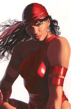 1girl absurdres alex_ross armlet bandana black_hair brown_eyes comic_cover cover cover_page daredevil_(series) earrings elektra elektra_natchios floating_hair highres jewelry leotard long_hair looking_at_viewer marvel official_art one_eye_in_shadow realistic red_bandana red_leotard silver_earrings solo upper_body western_comics_(style) white_background