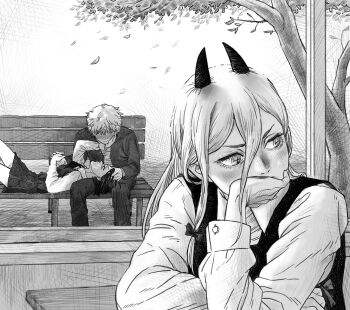 black_coat black_dress blush chainsaw_man closed_mouth coat commentary_request couple covering_own_mouth cross_in_eye demon_girl demon_horns denji_(chainsaw_man) dress elbow_rest falling_leaves feet_out_of_frame greyscale hair_between_eyes hand_on_another's_face hand_over_own_mouth highres horns indoors jealous kkyong155426 korean_commentary lap_pillow leaf long_hair long_sleeves looking_to_the_side lying monochrome nose_blush on_back power_(chainsaw_man) reze_(chainsaw_man) shirt short_hair sitting tree turning_head upper_body white_background white_hair white_shirt window