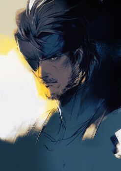 Rule 34 | 1boy, bandana, beard, blue eyes, brown hair, commentary, english commentary, eyepatch, facial hair, headband, highres, kannoaki, male focus, medium hair, metal gear (series), metal gear solid v: the phantom pain, mustache, solo, upper body, venom snake