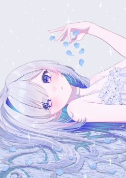 Rule 34 | 1girl, alternate costume, amane kanata, blue hair, choker, colored inner hair, commentary request, dress, falling petals, flower-trimmed dress, from side, grey background, grey hair, hair over one eye, hand up, highres, hololive, looking at viewer, lying, multicolored hair, nametakeko, on back, parted lips, petals, pink streaks, purple eyes, simple background, single hair intake, sleeveless, sleeveless dress, solo, streaked hair, virtual youtuber, water, white choker, white dress