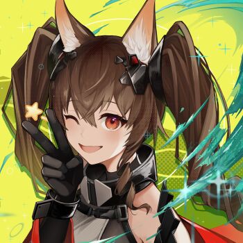 1girl :d absurdres angelina_(arknights) animal_ear_fluff animal_ears arknights arknights:_endfield black_gloves bracelet brown_hair close-up coat colored_inner_animal_ears commentary_request dot_nose dress elbow_gloves fox_ears fox_girl gilberta_(arknights) gloves grey_dress hair_between_eyes headpiece high_collar highres jewelry long_hair long_sleeves looking_at_viewer metal_bracelet off_shoulder one_eye_closed open_mouth originium_arts_(arknights) red_coat sasa_kurumi smile solo star_(symbol) twintails upper_body v