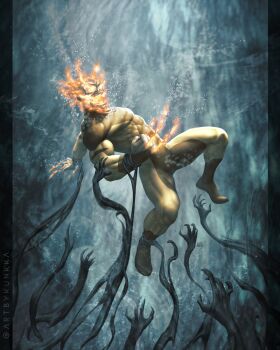 1boy air_bubble asphyxiation bodysuit brown_bodysuit bubble claws comic_cover commentary covered_abs daken disembodied_hand drowning english_commentary fire flaming_skull hellverine highres kunkka male_focus marvel multicolored_bodysuit muscular muscular_male official_art skull skull_head solo superhero_costume underwater wolverine_(x-men) x-men yellow_bodysuit