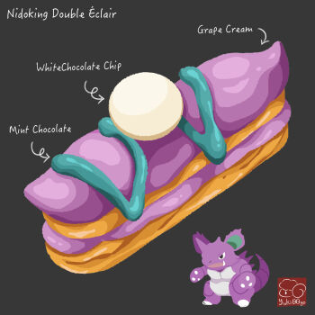 artist_logo artist_name character-themed_food character_name cream eclair_(food) english_text food food_focus food_name gen_1_pokemon grey_background highres logo nidoking nintendo no_humans pokemon simple_background yuki00yo
