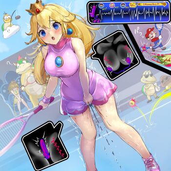 2girls @_@ bare_shoulders blonde_hair blue_eyes blue_gem blush bowser breasts chest_jewel commentary_request dildo dress earrings egg_vibrator female_ejaculation gem high_ponytail highres jewelry large_breasts long_hair mario mario_(series) mario_tennis monikano motion_lines multiple_girls nintendo nipple_stimulation object_insertion pink_dress ponytail princess_daisy princess_peach pussy_juice sex_toy solo_focus sphere_earrings trembling vaginal vaginal_object_insertion vibrator