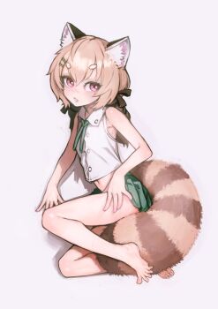 1girl armpits bare_shoulders blush brown_hair collared_shirt feet hair_ornament hairclip highres komachi_panko looking_at_viewer lying navel on_side phase_connect pink_eyes red_panda_ears red_panda_tail shiny_skin shirt sleeveless sleeveless_shirt solo sussynano virtual_youtuber white_background