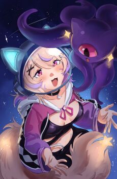 1girl alheitrakzoth animal_ear_fluff animal_ear_helmet animal_ears_helmet animal_helmet blonde_hair breasts cat_girl cat_helmet cat_tail colored_inner_hair commentary english_commentary facial_mark highres indie_virtual_youtuber looking_at_another looking_at_viewer medium_breasts medium_hair midriff multicolored_hair open_mouth purple_hair red_eyes second-party_source shrug_(clothing) shyrei_faolan tail two-tone_hair virtual_youtuber whisker_markings yorobisan
