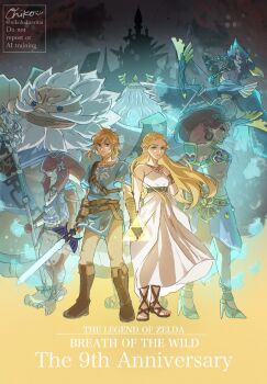 3boys 3girls anniversary aqua_eyes aqua_tunic artist_name bare_shoulders beard bird_boy blonde_hair boots bow_(weapon) braid brown_boots commentary_request copyright_name crop_top dark-skinned_female dark_skin daruk dress earrings facial_hair fins fish_girl full_body gerudo gladiator_sandals goron green_eyes grey_pants hand_on_own_chest head_fins high_heels highres holding holding_bow_(weapon) holding_hands holding_polearm holding_sword holding_weapon hoop_earrings interlocked_fingers jewelry link long_dress long_hair master_sword medium_hair midriff monster_boy monster_girl multiple_boys multiple_braids multiple_girls mustache nikohakaeritai nintendo pants parted_bangs pointy_ears polearm princess_zelda red_hair revali rito sandals sidelocks silver_jewelry strapless strapless_dress sword the_legend_of_zelda the_legend_of_zelda:_breath_of_the_wild tunic twitter_username urbosa weapon white_dress white_hair