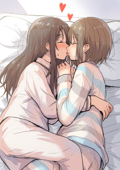 2girls absurdres bed betock blouse blush brown_eyes closed_eyes eyelashes french_kiss grey_pajamas heart highres kiss long_hair lying multiple_girls on_side original pajamas pillow shirt short_hair striped_clothes striped_shirt sweatdrop tongue tongue_out yuri