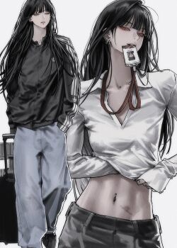 1girl clothes_lift eriol_s2 highres navel navel_piercing pants piercing shirt simple_background tagme white_background white_shirt