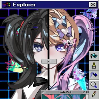 2girls ame-chan_(needy_girl_overdose) apple_inc. black_background black_eyes black_hair blonde_hair blue_bow blue_hair bow bright_pupils chinese_commentary chouzetsusaikawa_tenshi-chan commentary_request covered_mouth extremely-evil-xd glitch grid_background hair_between_eyes hair_bow heart long_hair macintosh medium_hair microsoft_windows multicolored_hair multiple_girls needy_girl_overdose pink_bow pink_hair portrait purple_bow purple_eyes split_theme user_interface white_pupils window_(computing) windows_95 windows_classic
