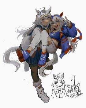 2girls ? absurdres ahoge animal_ears black_jacket black_leggings black_pantyhose blue_eyes blue_hairband blue_jacket blue_sailor_collar blue_skirt blue_sports_bra blush brooch brown_hair c-orgiis carrying carrying_person crop_top diamond_hairband ear_covers ear_ornament fingerless_gloves gloves grey_hair grey_tail hair_between_eyes hair_ornament hairband headband height_difference highres holding horse_ears horse_girl horse_tail jacket jewelry leggings lightning_bolt_print lightning_bolt_symbol long_hair long_sleeves looking_at_viewer midriff multicolored_hair multiple_girls neckerchief oguri_cap_(starlight_beat)_(umamusume) oguri_cap_(umamusume) open_mouth pants pantyhose princess_carry red_headband red_neckerchief sailor_collar shirt simple_background skirt smile sports_bra star_brooch striped_clothes striped_hairband tail tamamo_cross_(umamusume) tamamo_cross_(with_lightning_speed)_(umamusume) teeth umamusume umamusume:_cinderella_gray v very_long_hair white_background white_gloves white_pants white_shirt