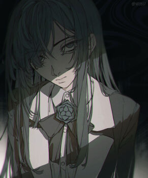 1girl ado_(utaite) black_bow black_bowtie black_hair bow bowtie chando_(ado) closed_mouth commentary highres long_hair looking_at_viewer messy_hair muted_color shade shirt sidelocks solo upper_body utaite vey3st white_shirt