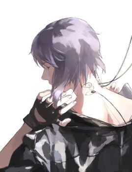 1girl aizheajsee back black_gloves black_jacket cable closed_eyes fingerless_gloves from_behind ghost_in_the_shell gloves highres jacket medium_hair purple_hair shirt solo subdermal_port white_shirt
