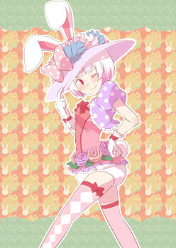 1girl animal_ears bow dancer disney disneyland easter easter_wonderland end_bunny_(disney) flower frills gloves hair_flower hair_ornament hat pantyhose pon_o rabbit_ears short_hair smile solo thighhighs top_hat white_hair