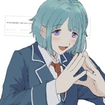 1boy :d bad_id bad_twitter_id blazer blue_hair blue_jacket collared_shirt ensemble_stars! hands_up highres jacket jiro_26 long_sleeves looking_at_viewer male_focus necktie odaibako open_mouth purple_eyes red_necktie request_inset school_uniform shino_hajime shirt short_hair simple_background smile solo steepled_fingers translation_request trap upper_body white_background white_shirt yumenosaki_school_uniform