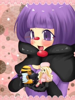1boy 2girls blunt_bangs blush bob_cut bow breasts caitlin_(pokemon) chibi chibi_inset cleavage elbow_gloves glasses gloves large_bow low-cut marshal_(pokemon) medium_breasts multiple_girls neck_pillow nintendo open_mouth pokemon pokemon_bw purple_hair rimless_eyewear round_eyewear shauntal_(pokemon) short_hair smile tarako-spa upper_body