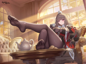 1girl absurdres artist_request black_bodystocking black_dress black_shoes bodystocking breast_curtains breasts brown_hair cleavage coffee_table copyright_logo copyright_name couch crossed_legs cup dress drinking_glass epic_seven feet feet_on_table flower food foot_focus full_body gem hat highres holding holding_cup ivana_(epic_seven) logo long_hair looking_at_viewer medium_breasts mitre official_art on_couch pastry red_dress red_eyes red_flower red_gem red_rose rose shoes sitting sky soles solo sparkle stole table teacup teapot tree white_hat window