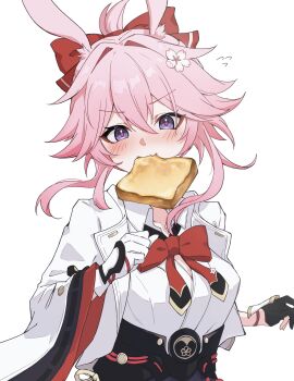 1girl absurdres animal_ears asymmetrical_gloves black_gloves blush bow bowtie bread bread_slice collared_shirt commentary_request cropped_jacket evanescia_(honkai:_star_rail) flower food food_in_mouth gloves hair_between_eyes hair_flower hair_ornament hands_up highres honkai:_star_rail honkai_(series) jacket long_sleeves looking_at_viewer mismatched_gloves pink_flower pink_hair purple_eyes red_bow red_bowtie shirt short_hair_with_long_locks solo torein_(and_rain3) upper_body white_gloves white_jacket white_shirt