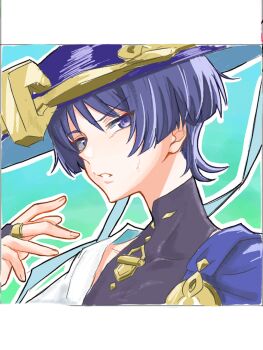 1boy aqua_background black_bodysuit blue_cape blue_hat blunt_ends bodysuit border cape commentary_request covered_collarbone eyeliner eyeshadow fingernails frown genshin_impact gold gold_ring hand_up hat highres japanese_clothes jingasa kimono letterboxed looking_at_viewer makeup male_focus mandarin_collar middle_ring open_hand open_mouth outline portrait purinigax purple_eyes purple_hair red_eyeliner red_eyeshadow scaramouche_(genshin_impact) shoulder_peek solo sweatdrop tsurime wanderer_(genshin_impact) white_border white_kimono white_mouth white_outline wispy_bangs