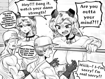 2boys 2girls animal_ears bell breasts commentary cow_ears cow_girl cow_horns cowbell english_commentary english_text greyscale highres horns jacket large_breasts minotaur monochrome monster_girl multiple_boys multiple_girls muscular muscular_female muscular_male oligogi_meoggosipda open_clothes open_jacket