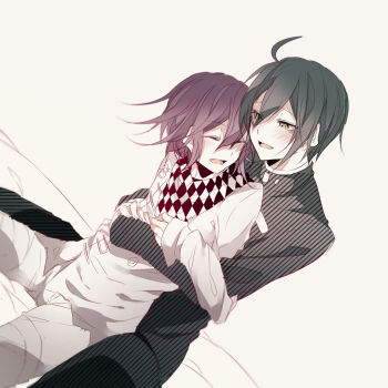 2boys ahoge black_jacket checkered_clothes checkered_scarf closed_eyes commentary_request danganronpa_(series) danganronpa_v3:_killing_harmony dutch_angle hug jacket limited_palette multiple_boys oma_kokichi rindoukhk6 saihara_shuichi scarf sitting smile white_background white_jacket yaoi
